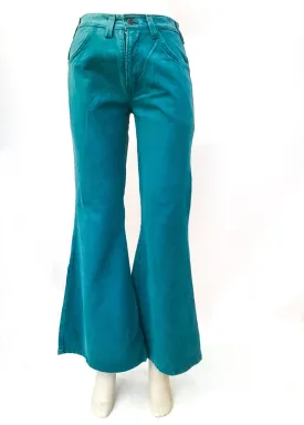 1970s Vintage Turquoise Elephant Bell Bottom Flared Jeans • HIgh Waist 28”W