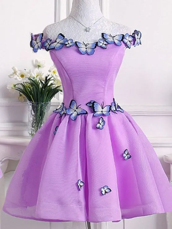 A-line Off-the-shoulder Lilac Short Prom Dress Butterfly Homecoming Dress kts087