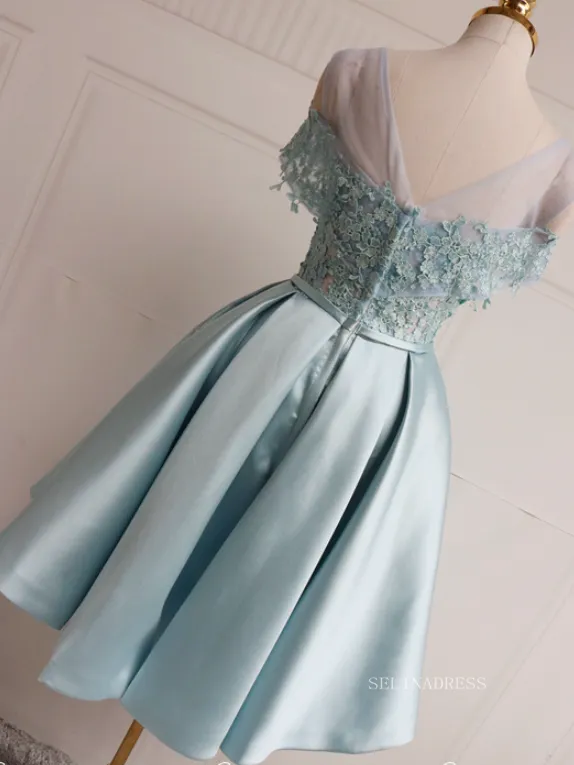 A-line Scoop Cute Homecoming Dress Applique Blue Short Prom Dresses EDS030