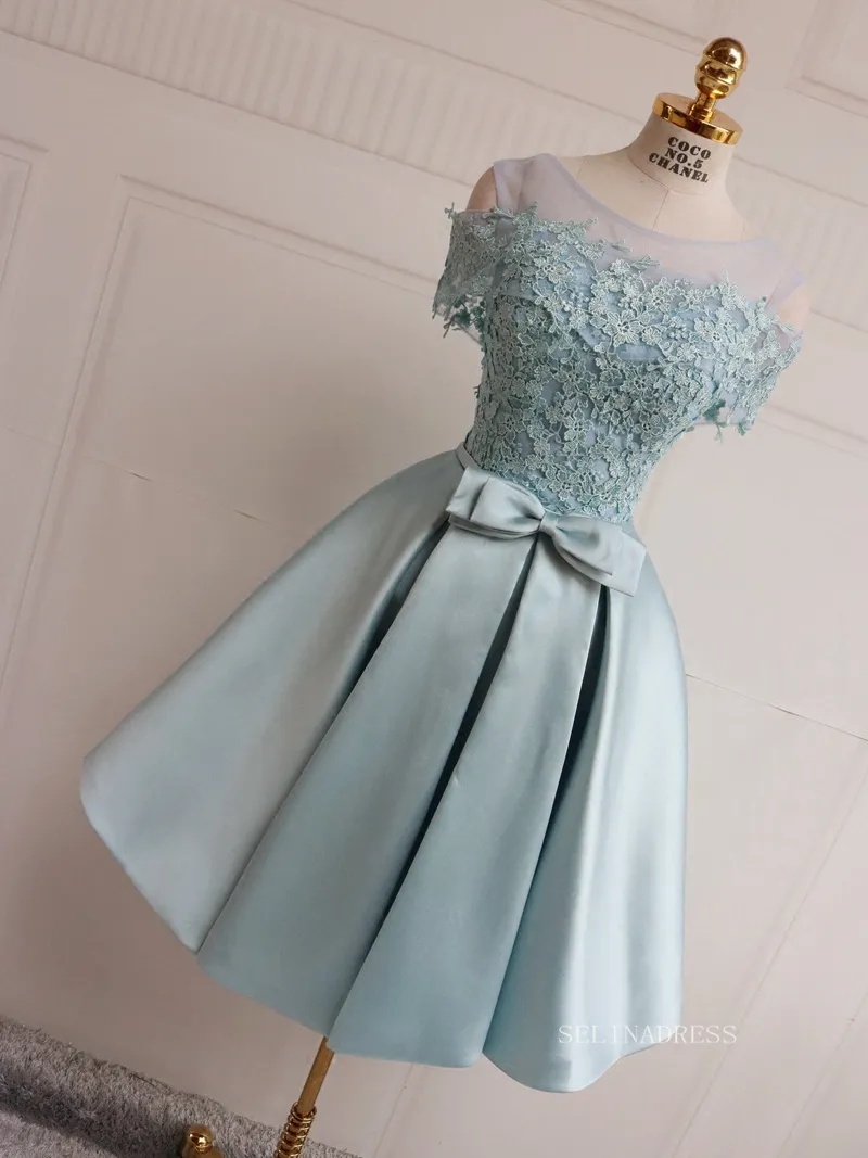 A-line Scoop Cute Homecoming Dress Applique Blue Short Prom Dresses EDS030