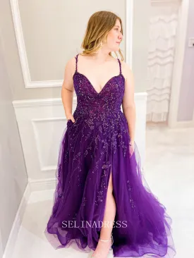 A-line Spaghetti Straps Grape Beaded Long Prom Dress Modest Party Dress Evening Dress #LOP008