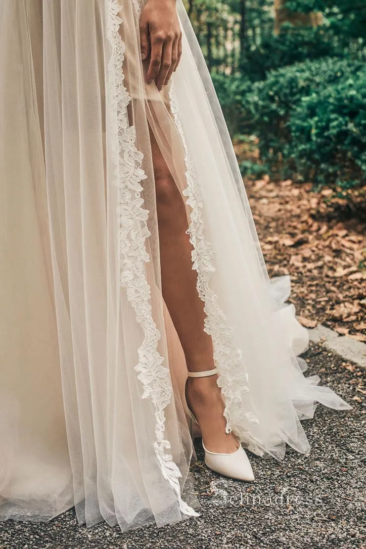 A-line Spaghetti Straps Thigh Split Lace Wedding Dresses Country Wedding Gown RYU035