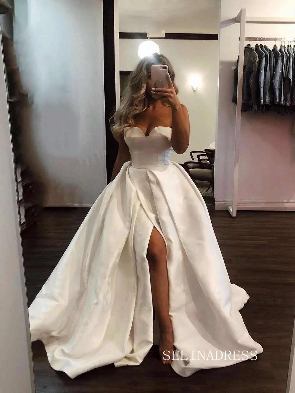 A-line Strapless Satin Wedding Dress Cheap Bridal Dresses #KOP086