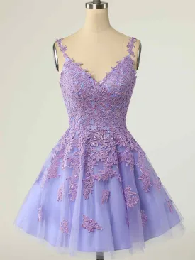 A-line Straps Beautiful Lace Short Prom Dress Lavender Homecoming Dress kts073