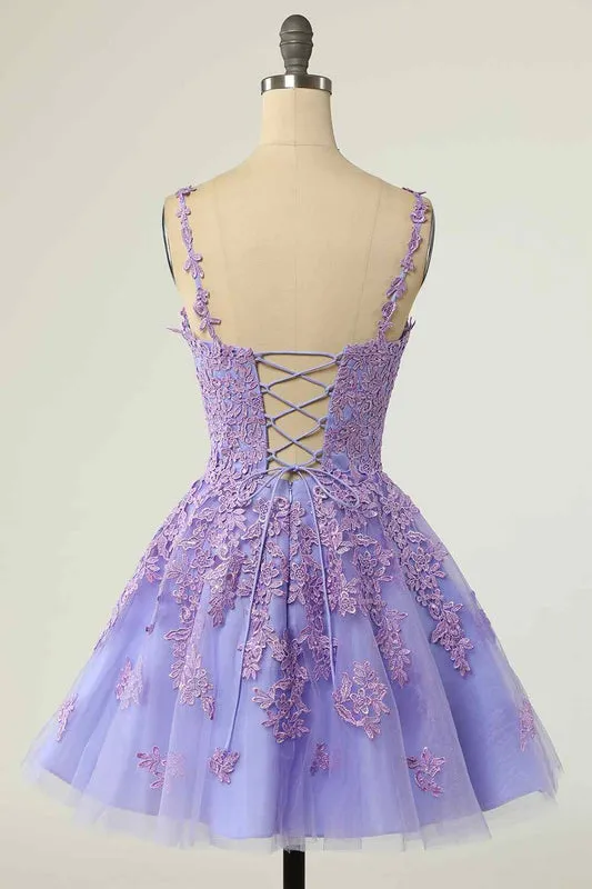 A-line Straps Beautiful Lace Short Prom Dress Lavender Homecoming Dress kts073