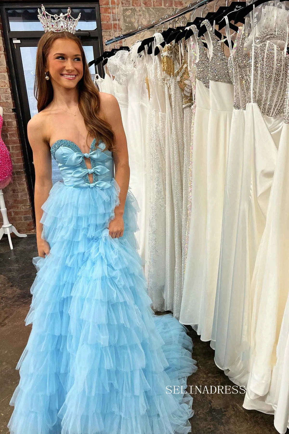 A-line Sweetheart Light Sky Blue Prom Dresses Tulle Layered Long Evening Dress lpk515