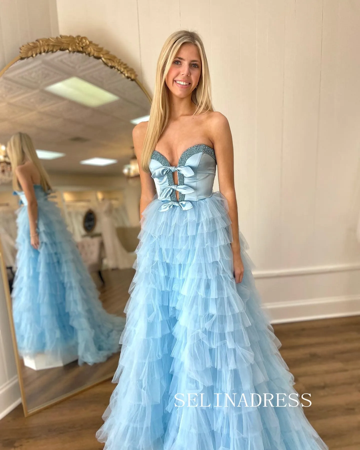 A-line Sweetheart Light Sky Blue Prom Dresses Tulle Layered Long Evening Dress lpk515