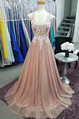 A Line V Neck Pink Lace Long Prom Dresses V Neck Pink Formal Dresses Pink Lace Evening Dresses