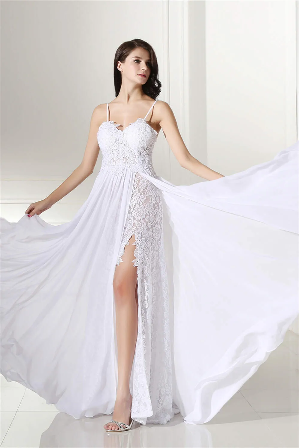 A-line White Evening Dresses Straps Chiffon Long Formal Dresses