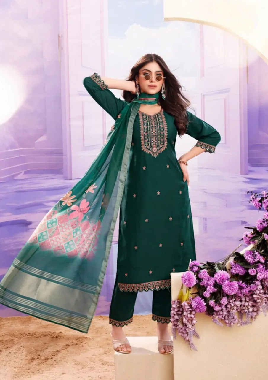 Alluring Green Color Roman With Heavy Embroidery Work Kurti Suit For Women