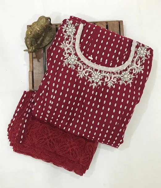 Alluring Maroon Colored Embroidery Work With Silk Cotton Kurti Suit For Women