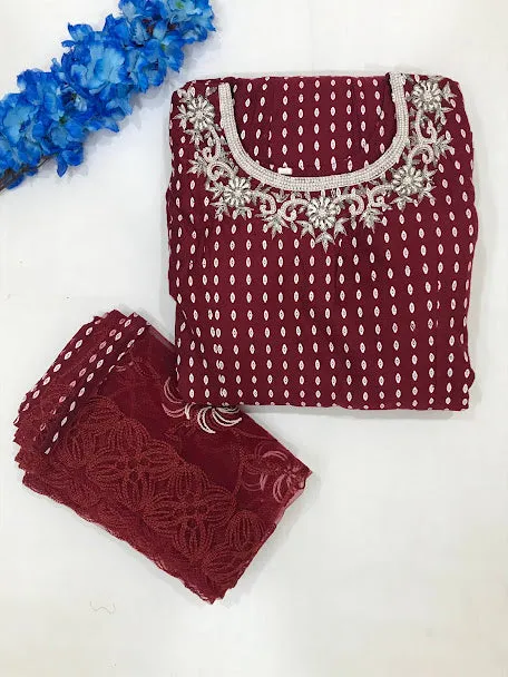 Alluring Maroon Colored Embroidery Work With Silk Cotton Kurti Suit For Women