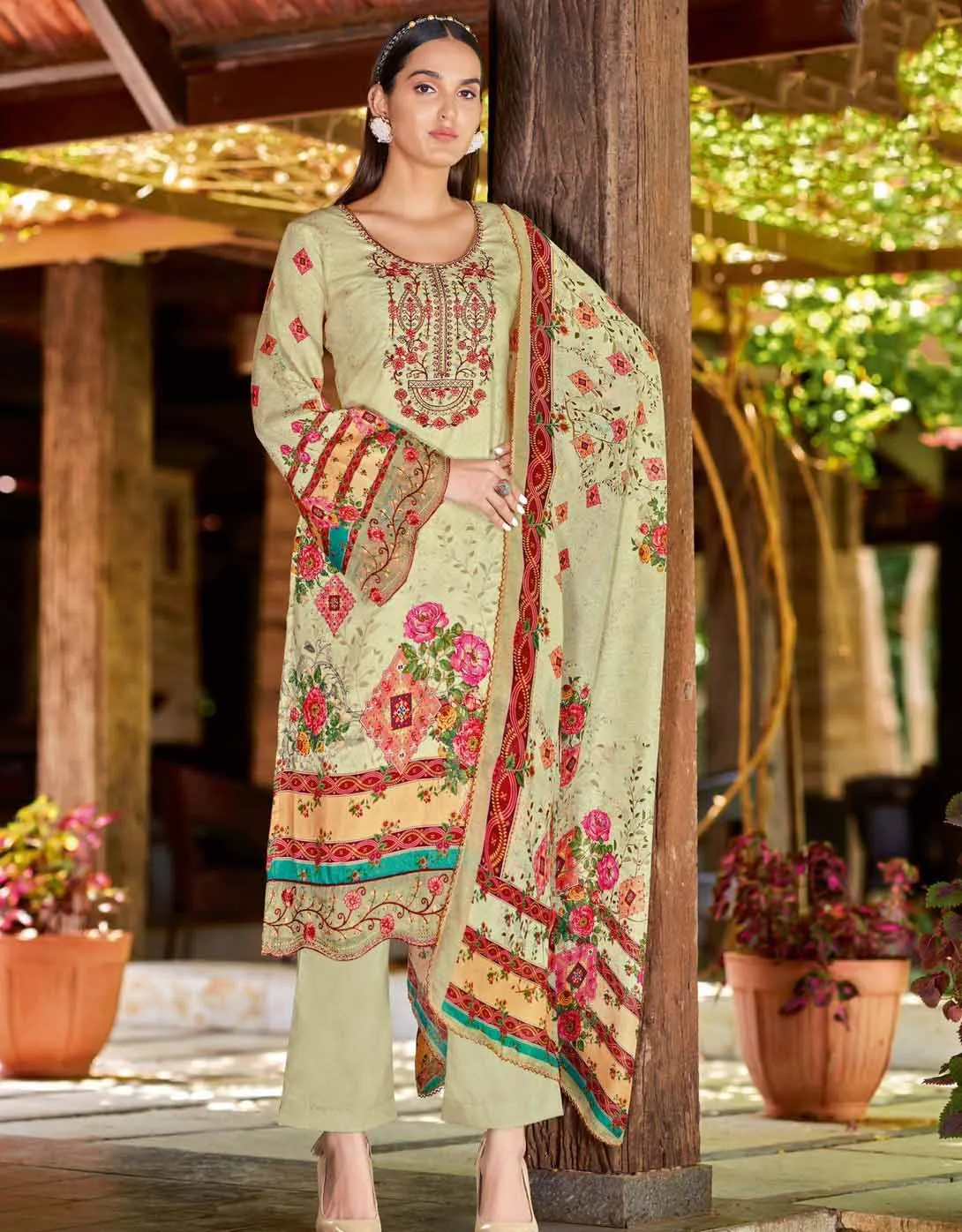 Alok Unstitched Green Pakistani Print Salwar Suit Material