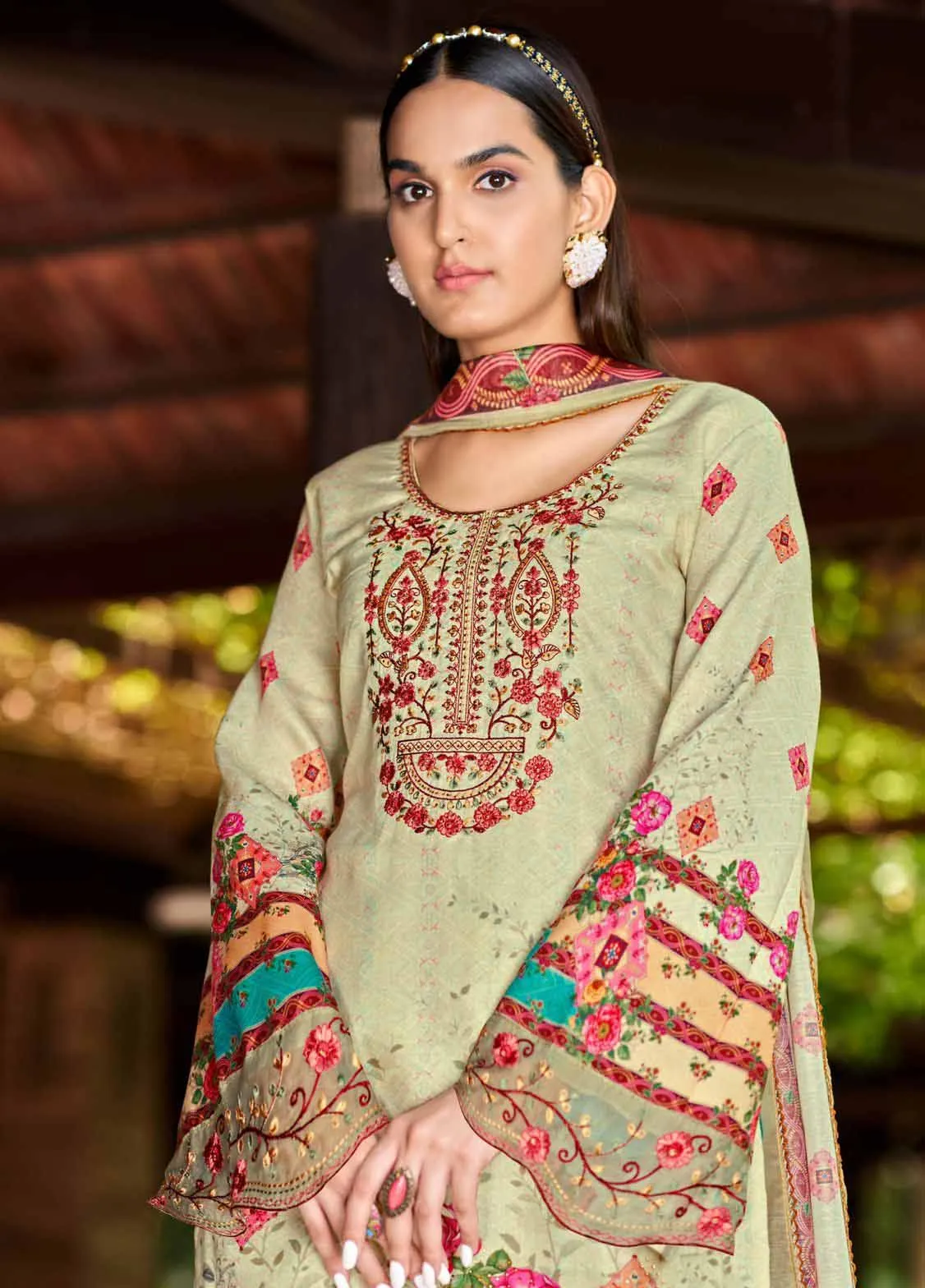 Alok Unstitched Green Pakistani Print Salwar Suit Material