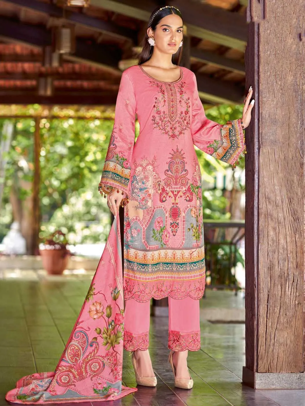 Alok Unstitched Pink Pakistani Print Salwar Suit Material