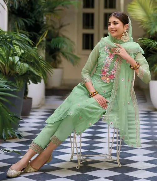 Appealing Green Color Embroidery Kurti Salwar Suits With Dupatta For Women