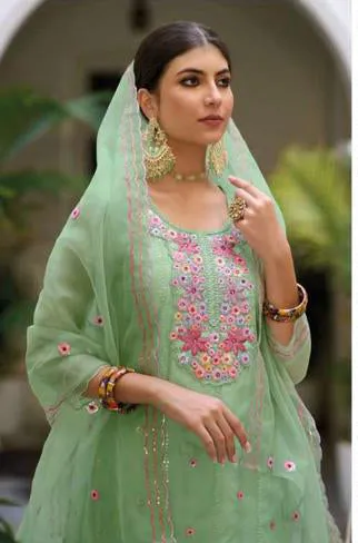 Appealing Green Color Embroidery Kurti Salwar Suits With Dupatta For Women