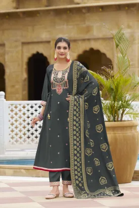 Attractive Grey Color Roman Silk Salwar Suits With Sequice And Thread Work For Women