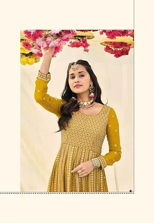 Attractive Mustard Yellow Colored Party Wear Georgette Long Kurtis And Suits For Women