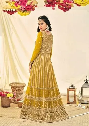 Attractive Mustard Yellow Colored Party Wear Georgette Long Kurtis And Suits For Women