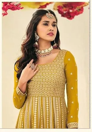 Attractive Mustard Yellow Colored Party Wear Georgette Long Kurtis And Suits For Women