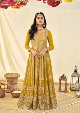 Attractive Mustard Yellow Colored Party Wear Georgette Long Kurtis And Suits For Women