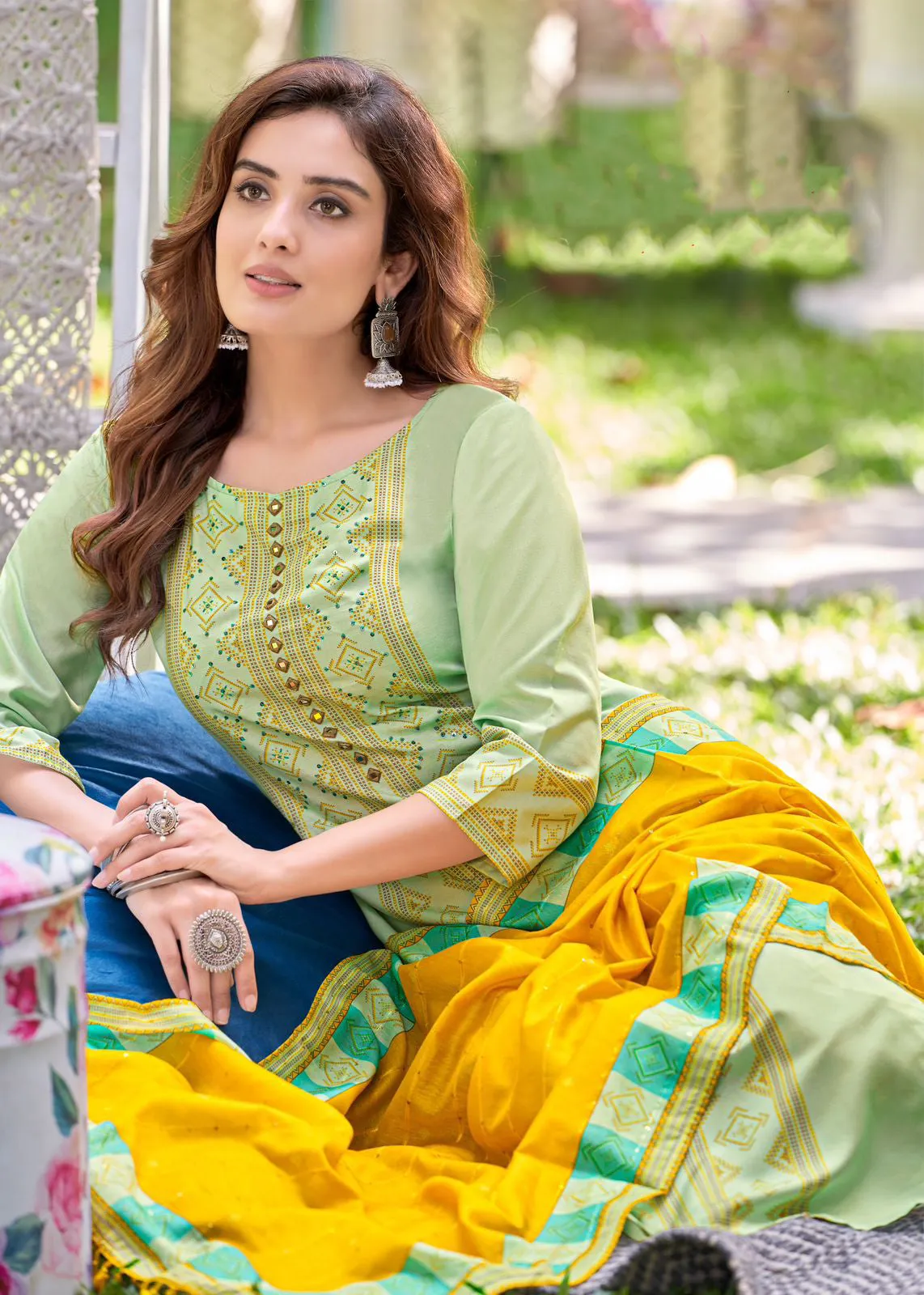 Attractive Pista Green Colored Embroidery Hand Work Rayon Kurti With Dupatta Sets For Women