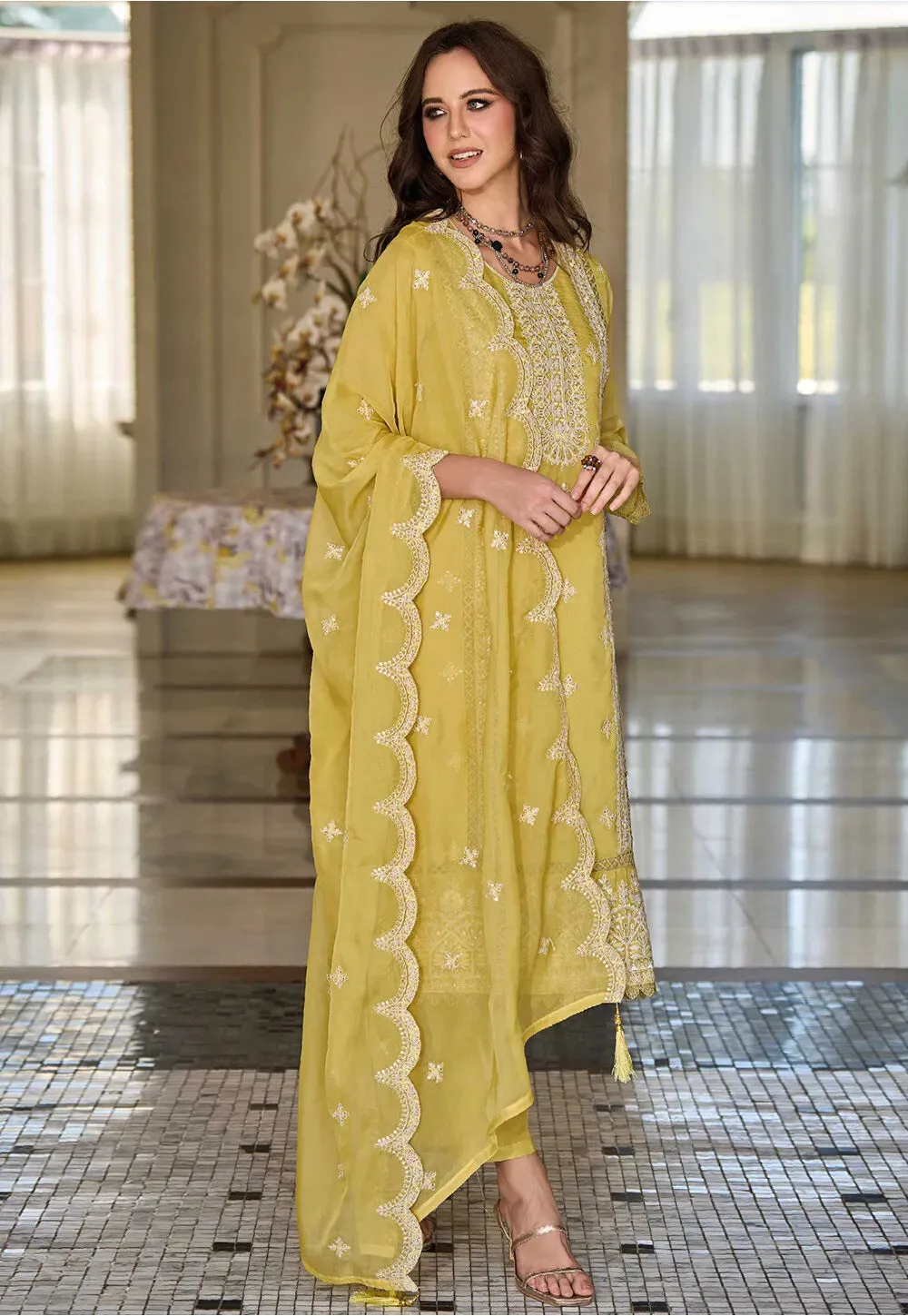 Attractive Yellow Color Soft Organza Salwar Suits For Women