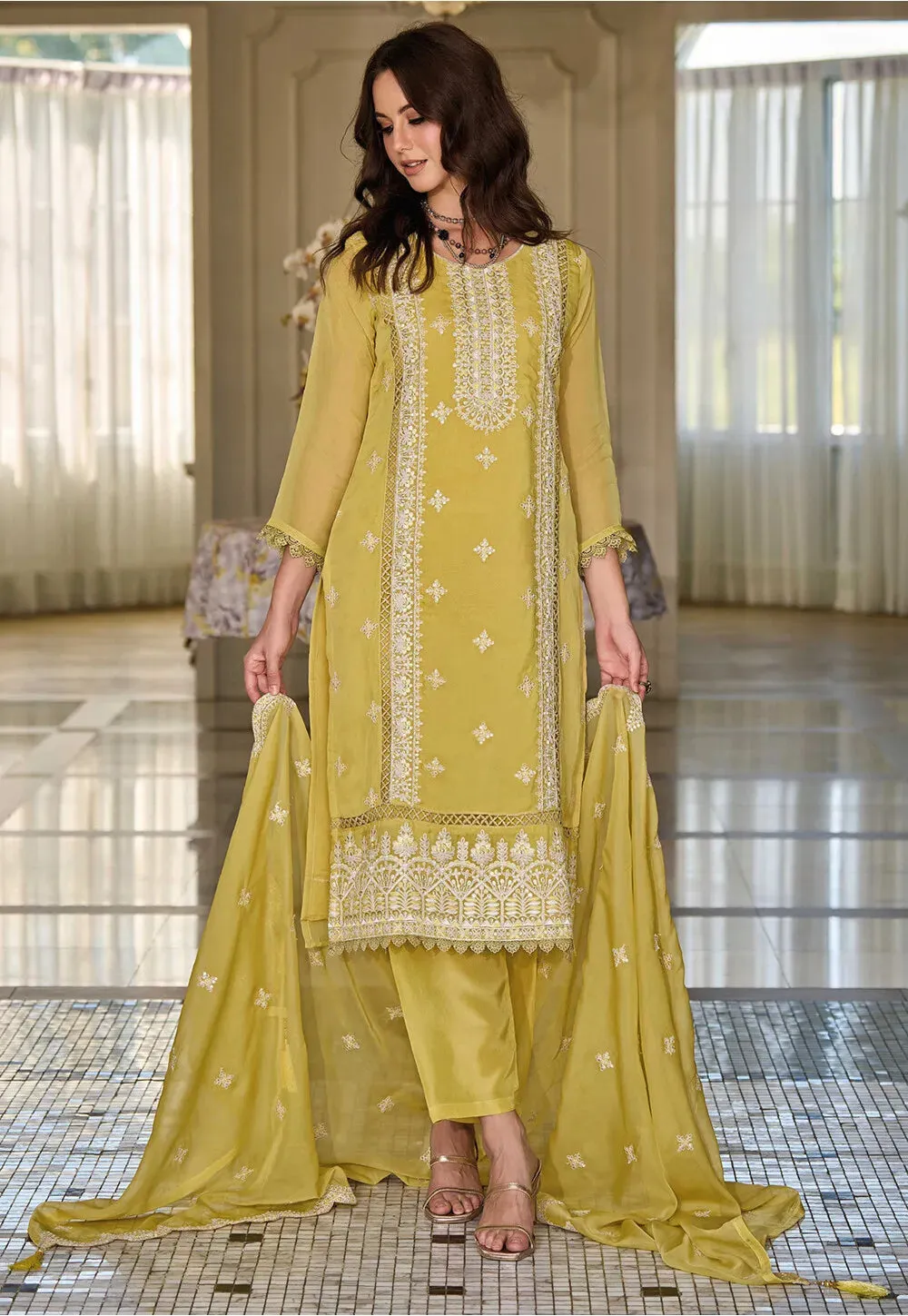 Attractive Yellow Color Soft Organza Salwar Suits For Women