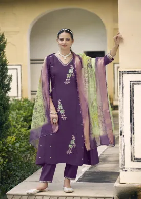 Beautiful Purple Color Viscose Roman Silk With Sequence Thread Work Kurti Suit For Women