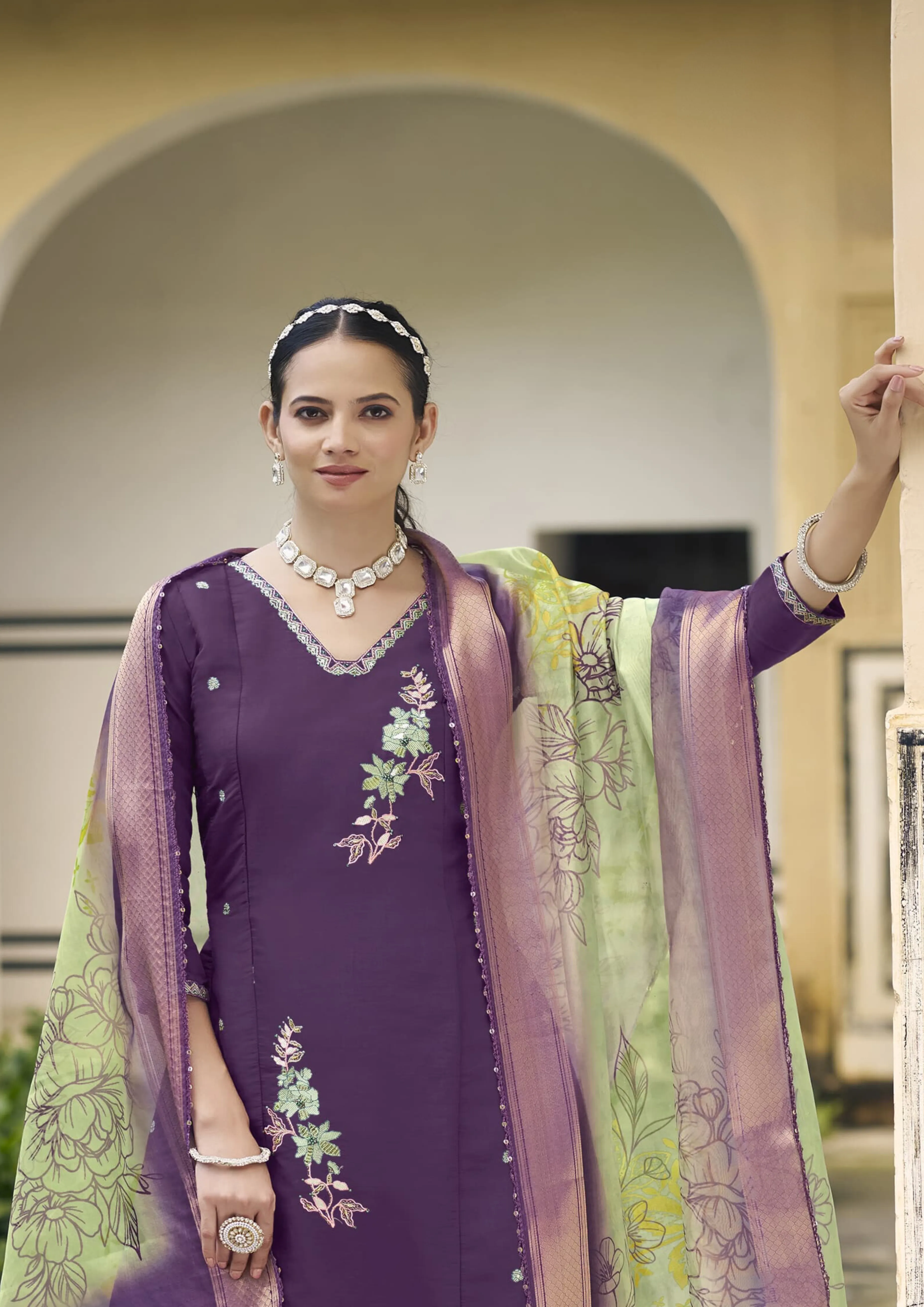 Beautiful Purple Color Viscose Roman Silk With Sequence Thread Work Kurti Suit For Women