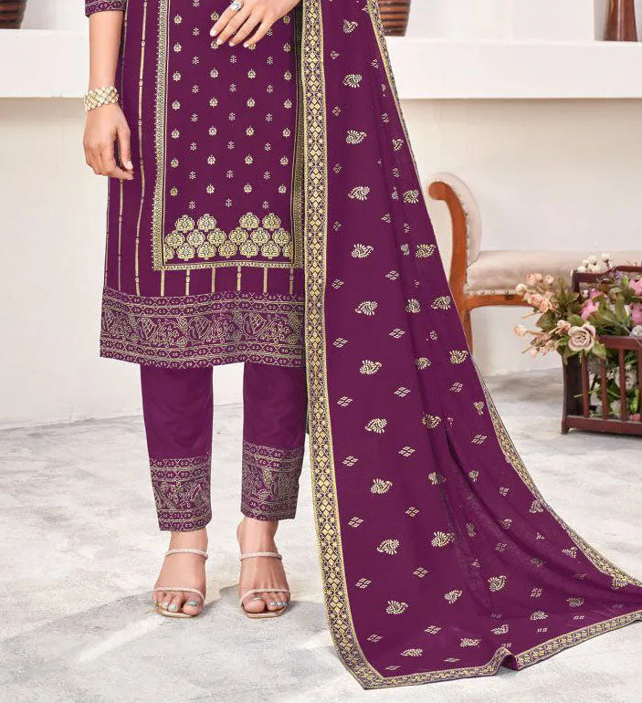 Beautiful Purple Colored Rayon Salwar Suits With Gold Print Work For Women