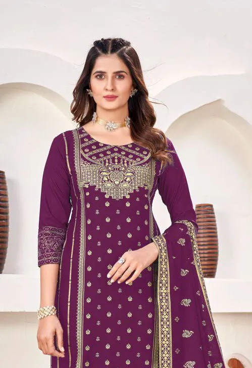 Beautiful Purple Colored Rayon Salwar Suits With Gold Print Work For Women