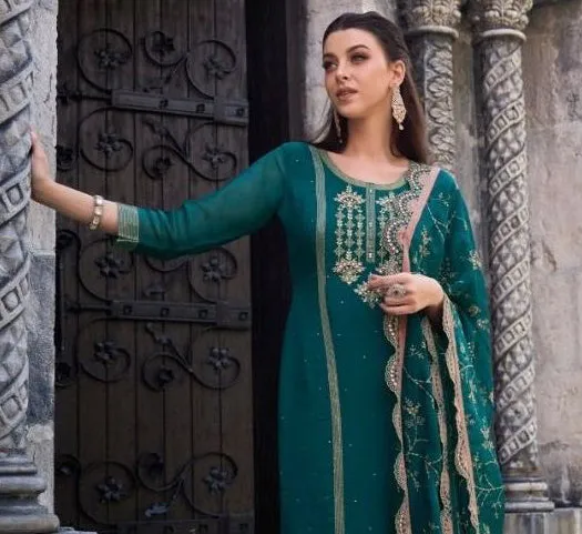 Beautiful Teal Green Colored Party Wear Salwar Suits For Women