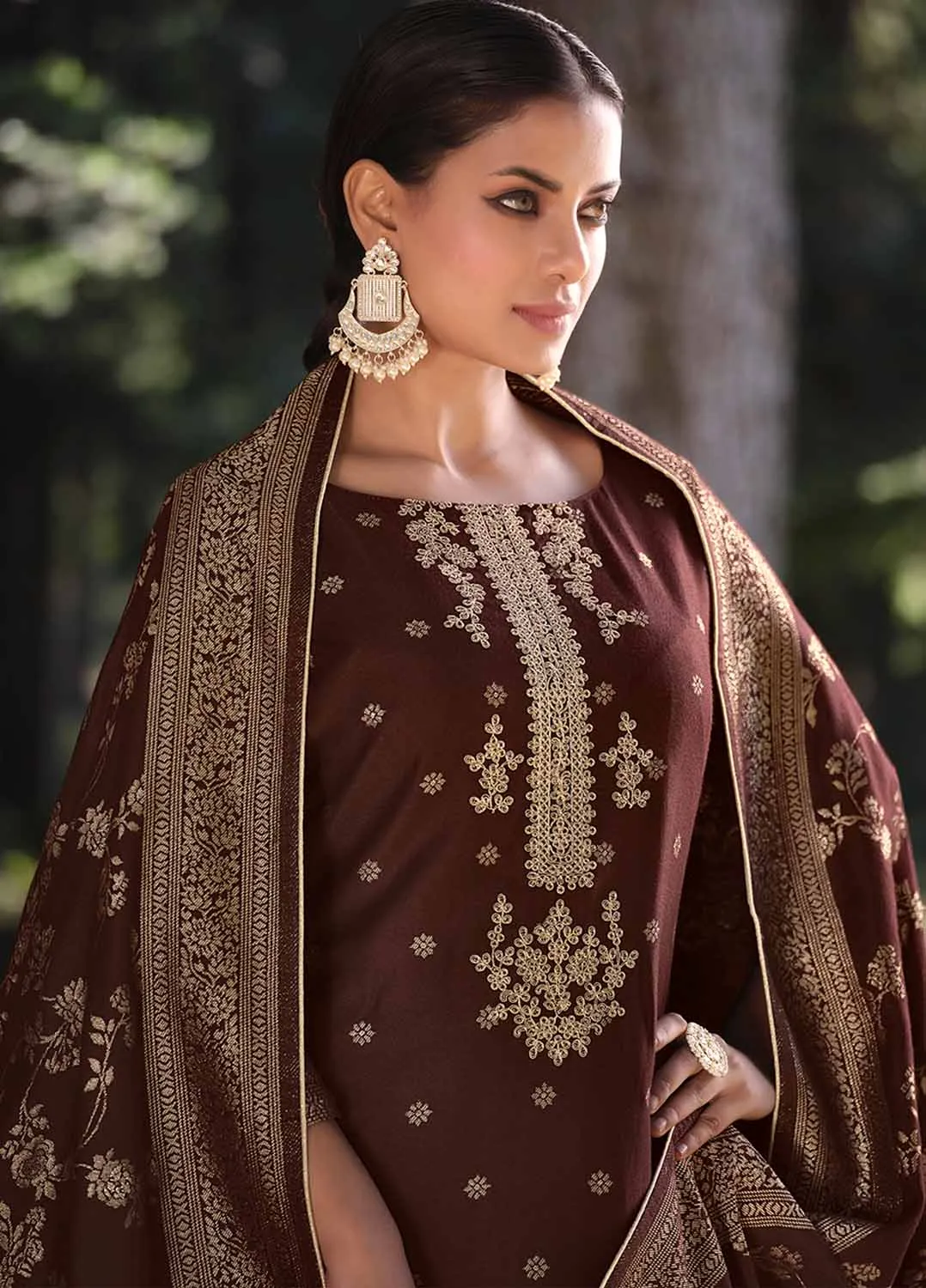 Belliza Brown Pashmina Jacquard Unstitched Winter Suit Dress Material