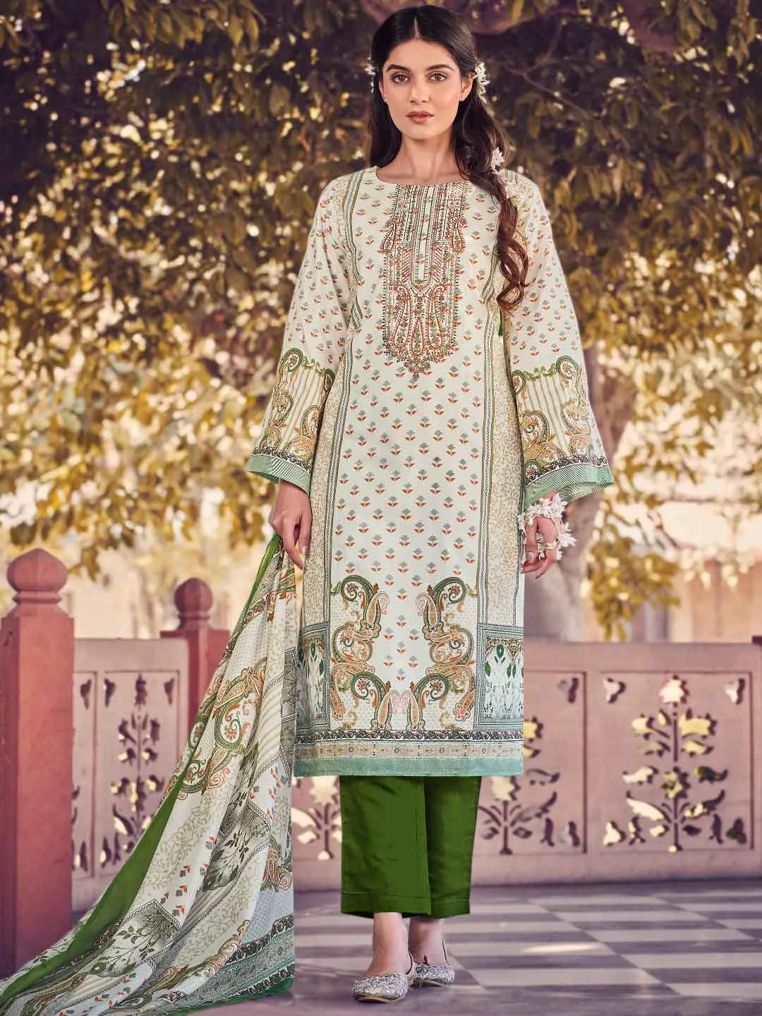 Belliza Pakistani Print Green Unstitched Cotton Suit Dress Material