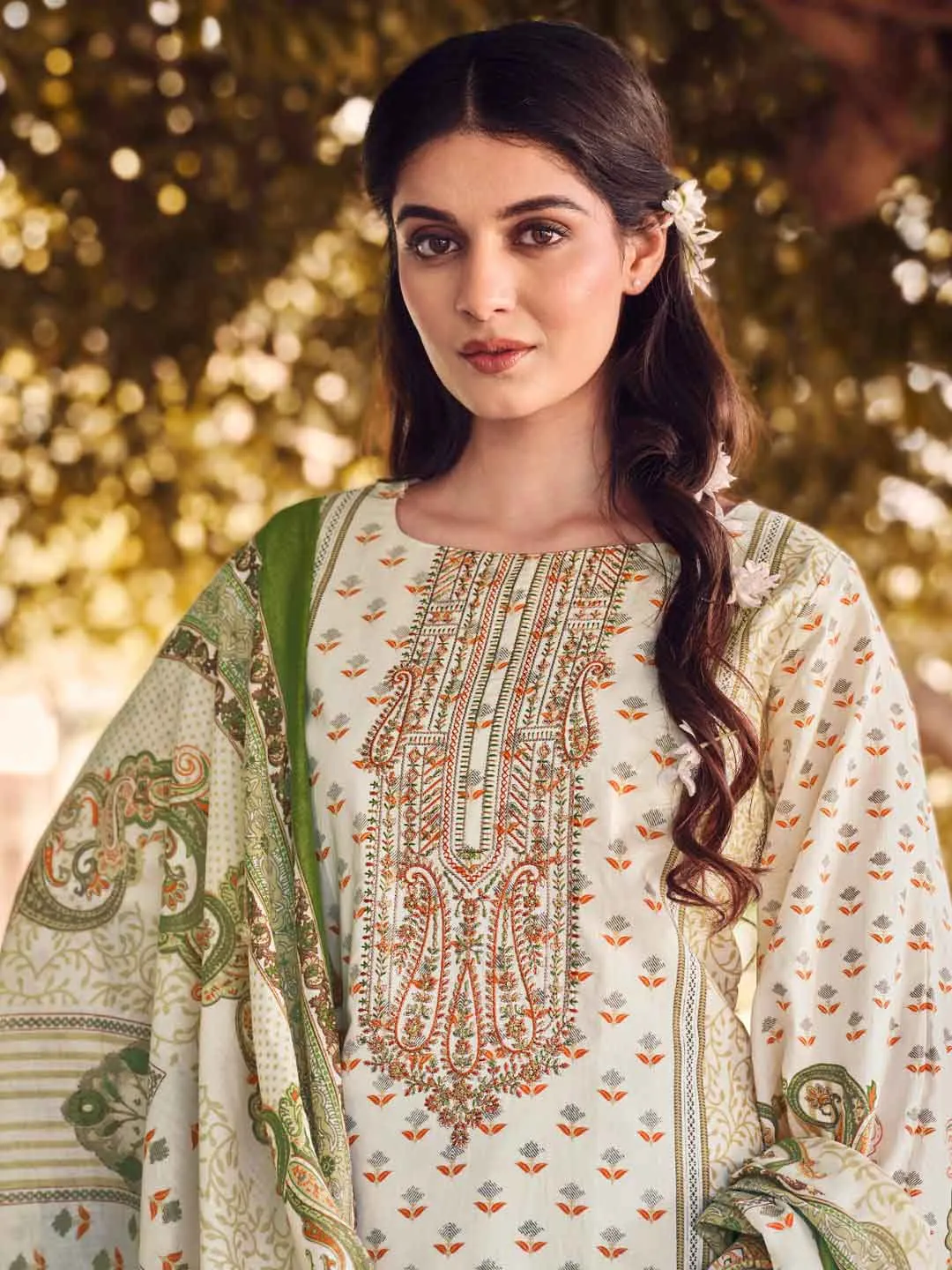 Belliza Pakistani Print Green Unstitched Cotton Suit Dress Material