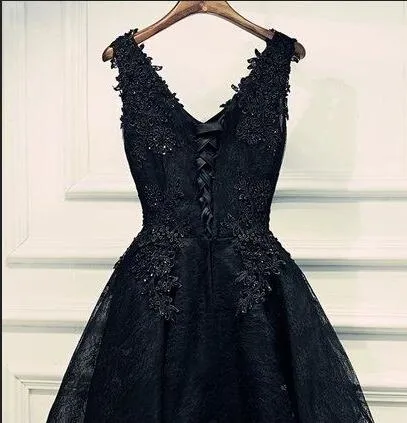 black v neck beading homecoming dresses v neck short prom dresses sleeveless short lace appliques layers cocktail dresses