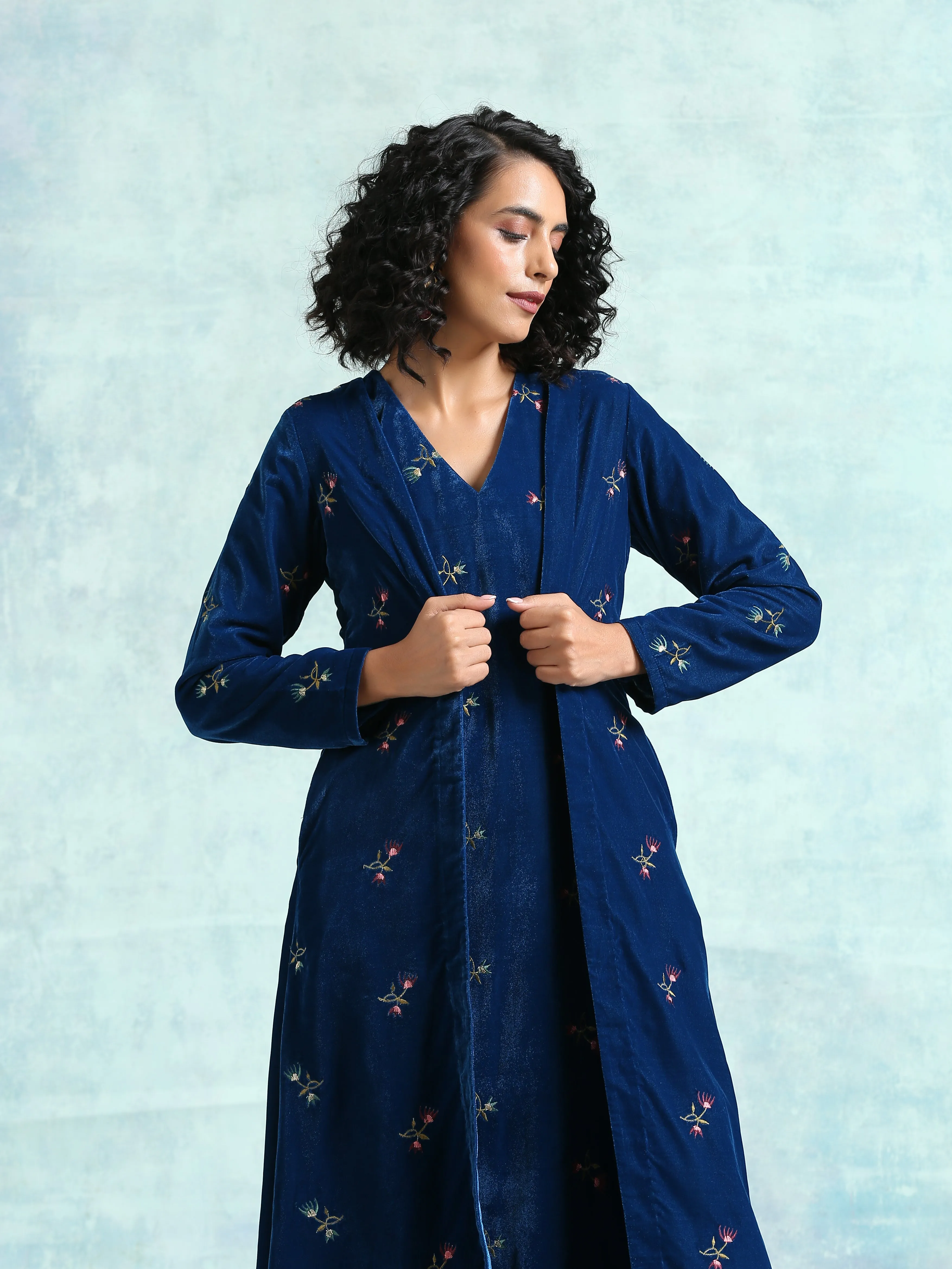 Blue Embroidered Velvet Overlay Jacket