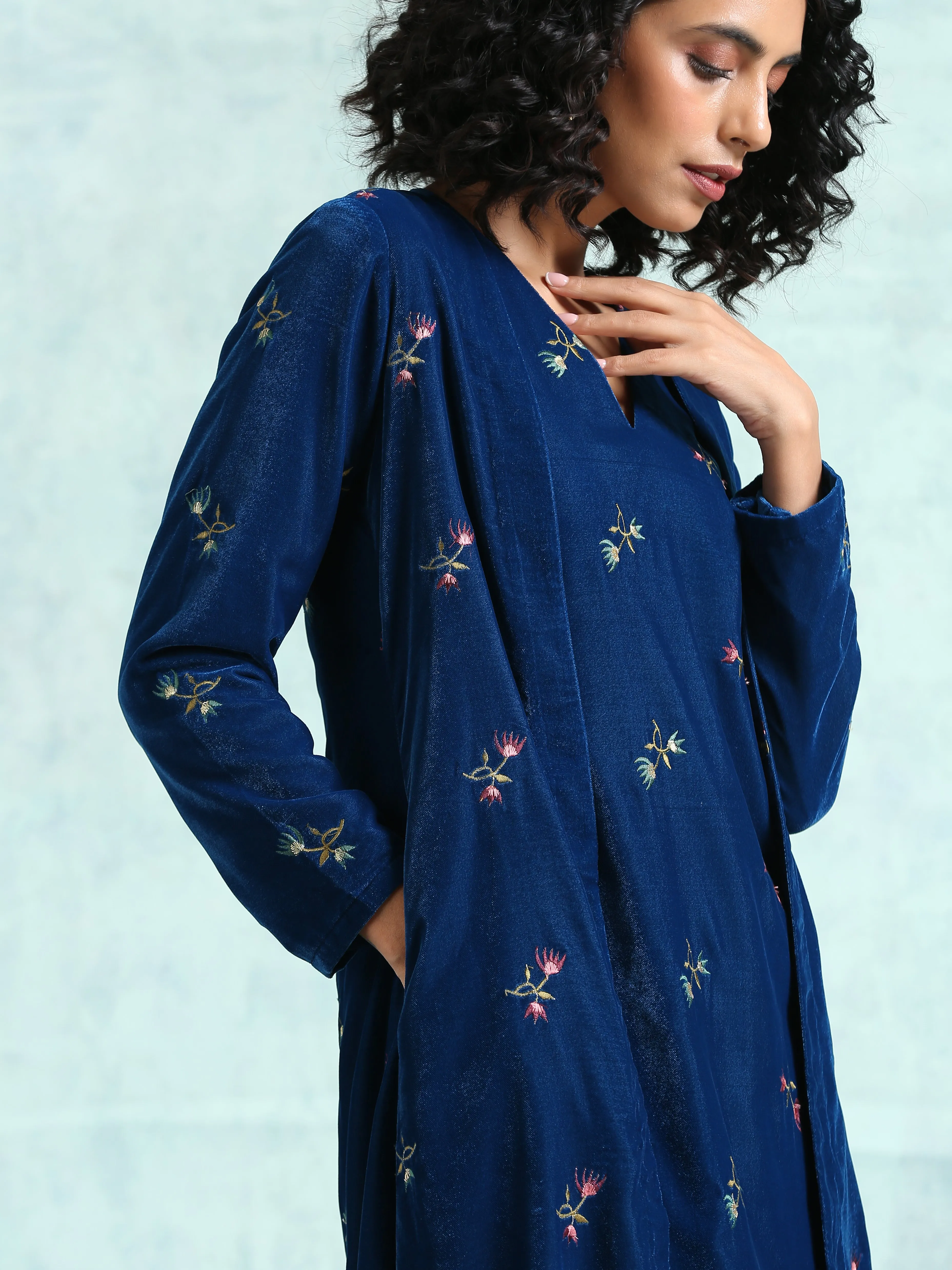 Blue Embroidered Velvet Overlay Jacket