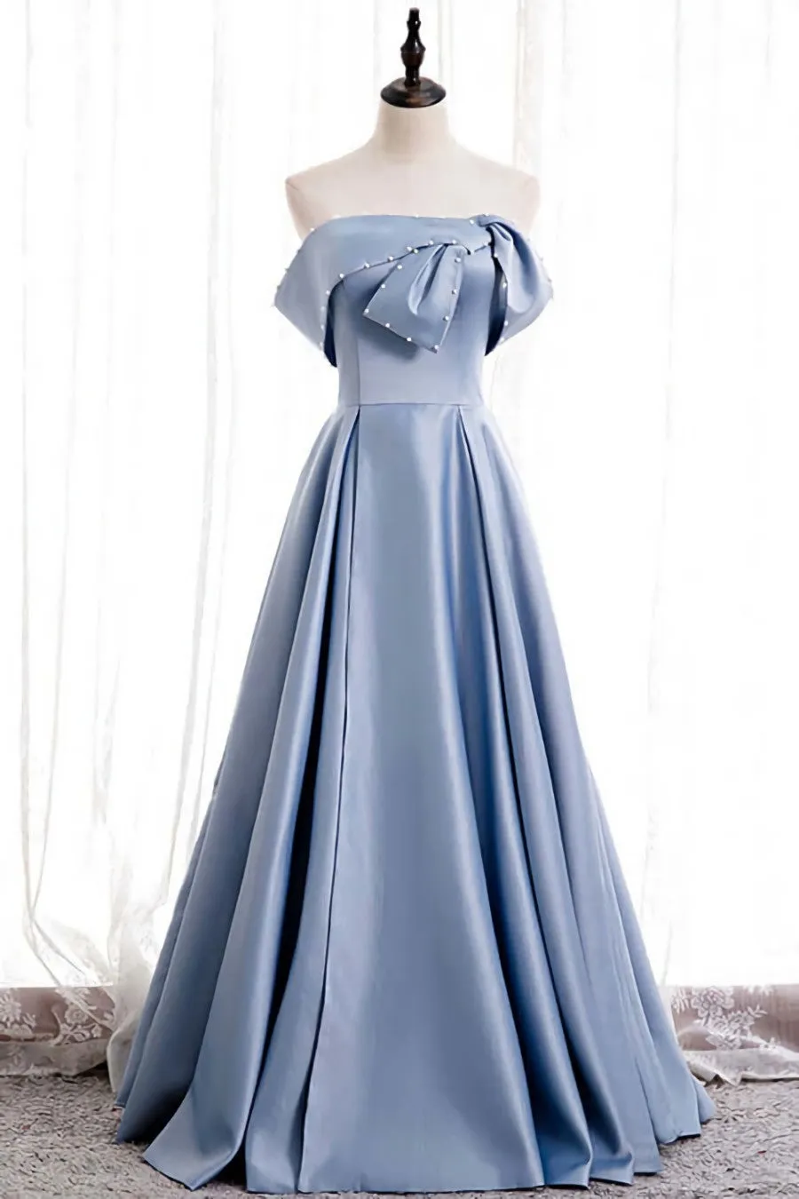 Blue Satin A-line Off-the-Shoulder Beaded Prom Dresses,evening party dress