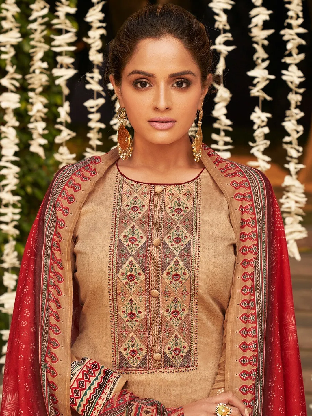 Brown Jam Satin Un-Stitched Suit Set with Lawn Bottom