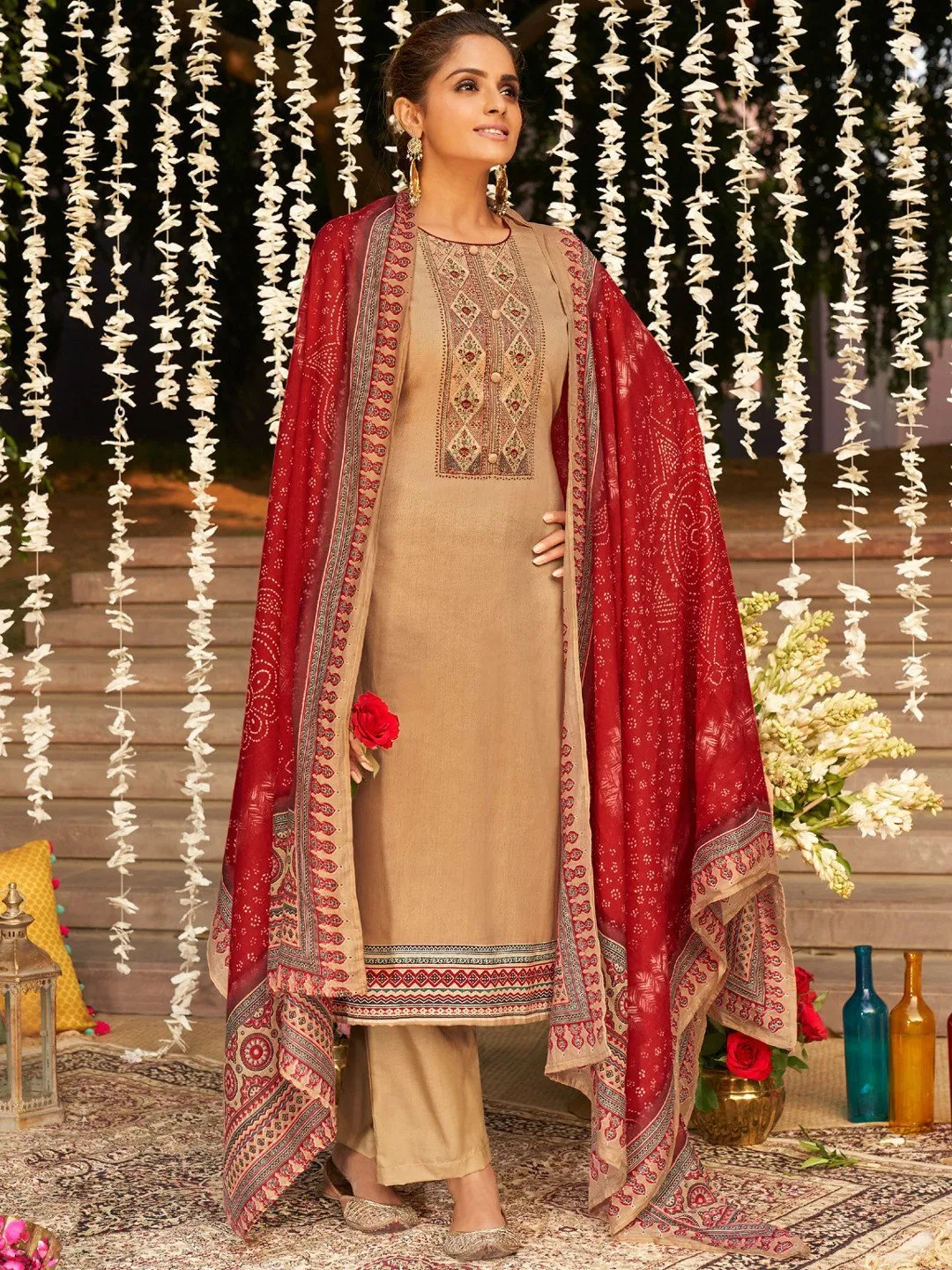 Brown Jam Satin Un-Stitched Suit Set with Lawn Bottom