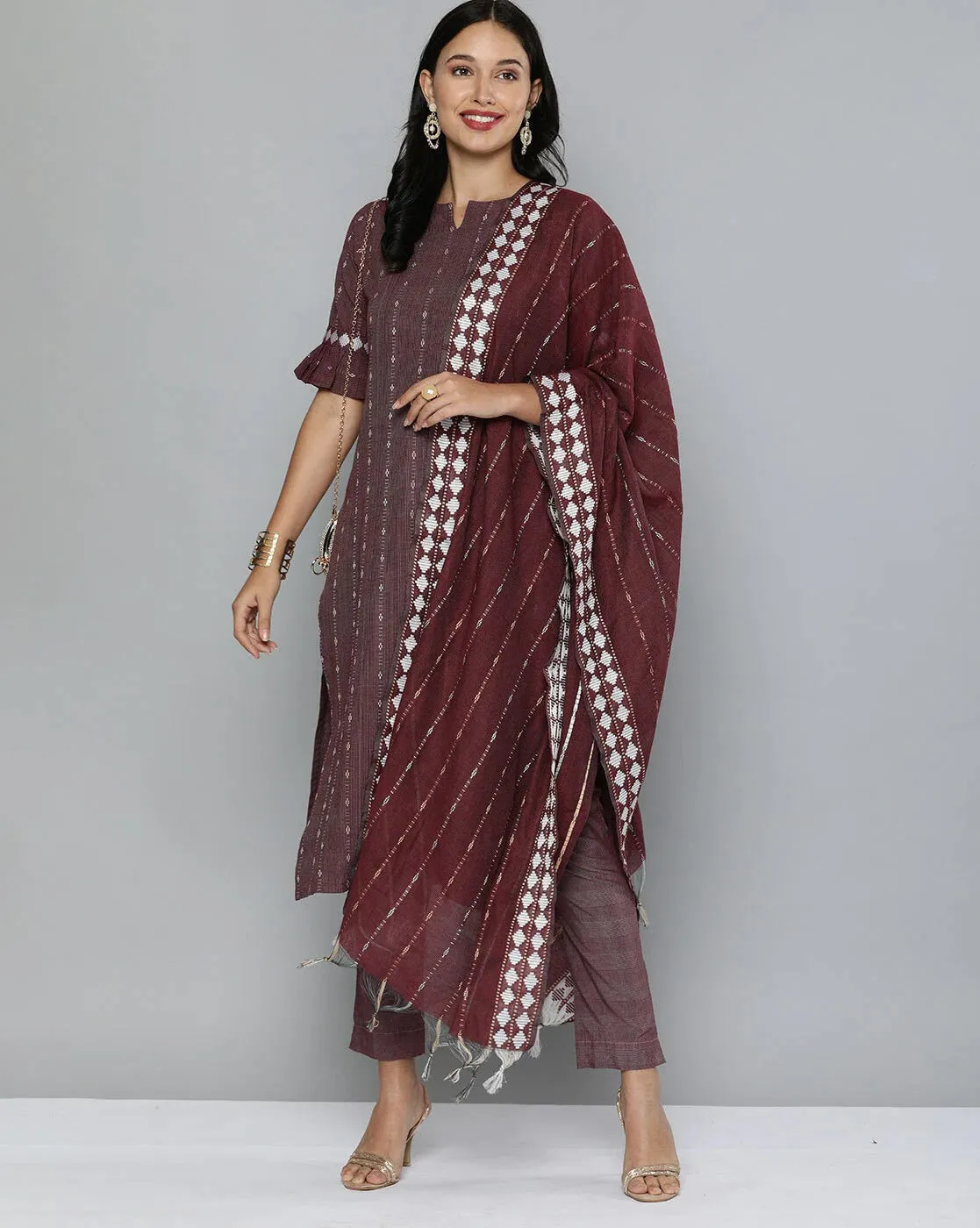 Brown Pure Cotton Handloom Unstitched Salwar Suit Dress Material