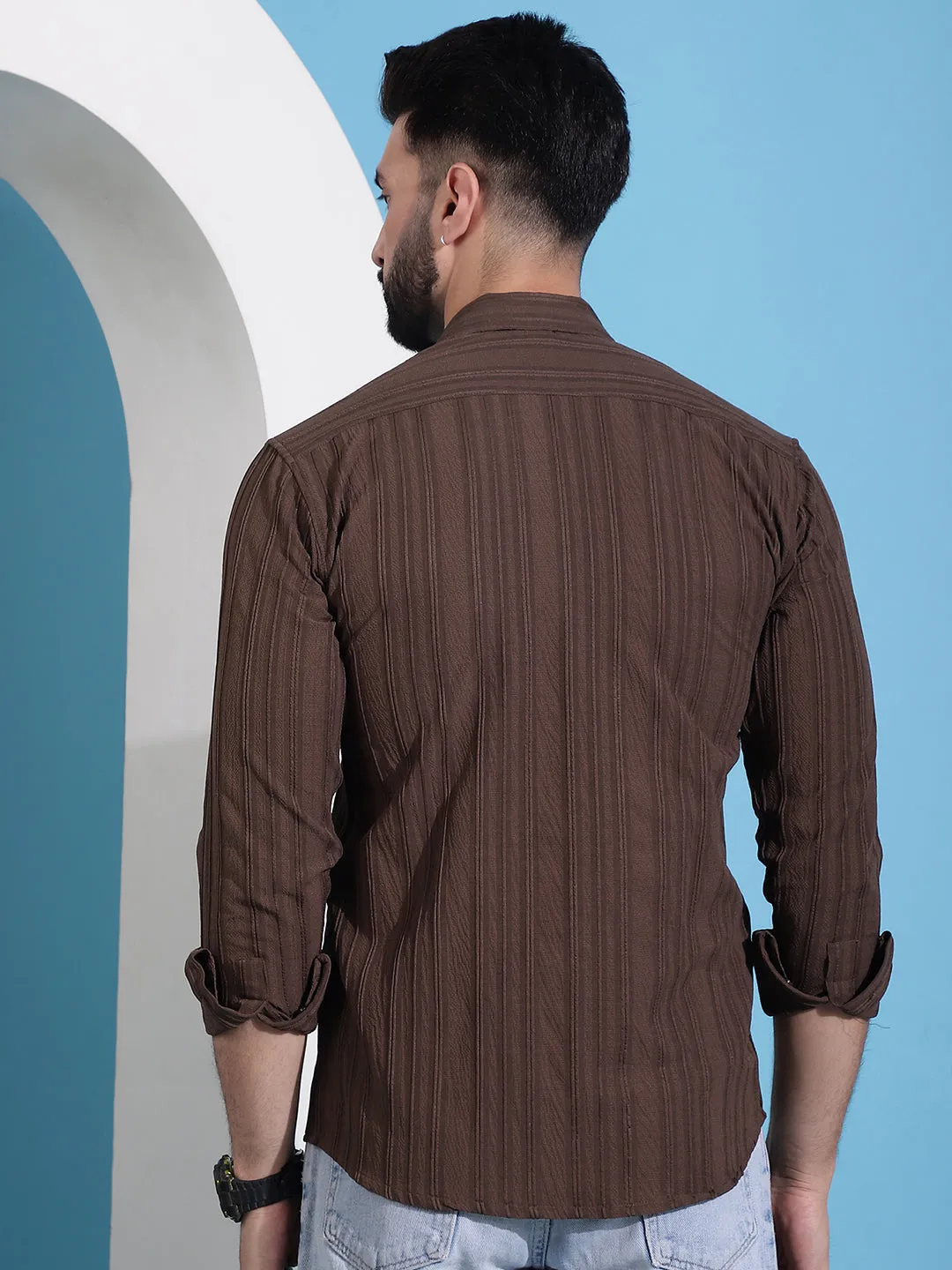 Brown Striped Casual Shirt For Mens.