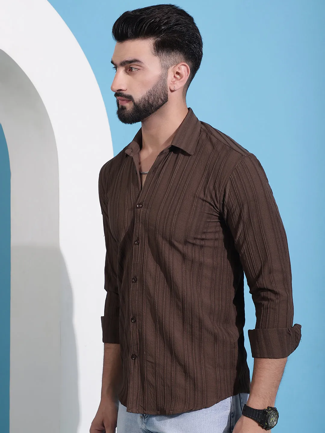 Brown Striped Casual Shirt For Mens.