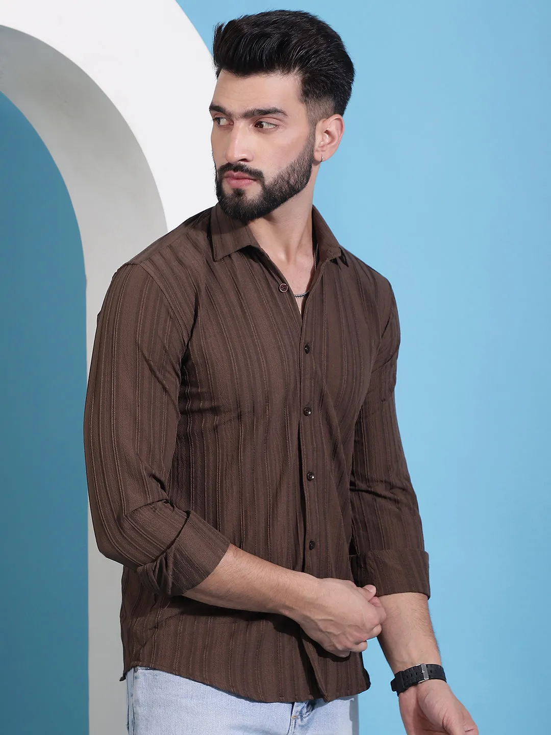 Brown Striped Casual Shirt For Mens.