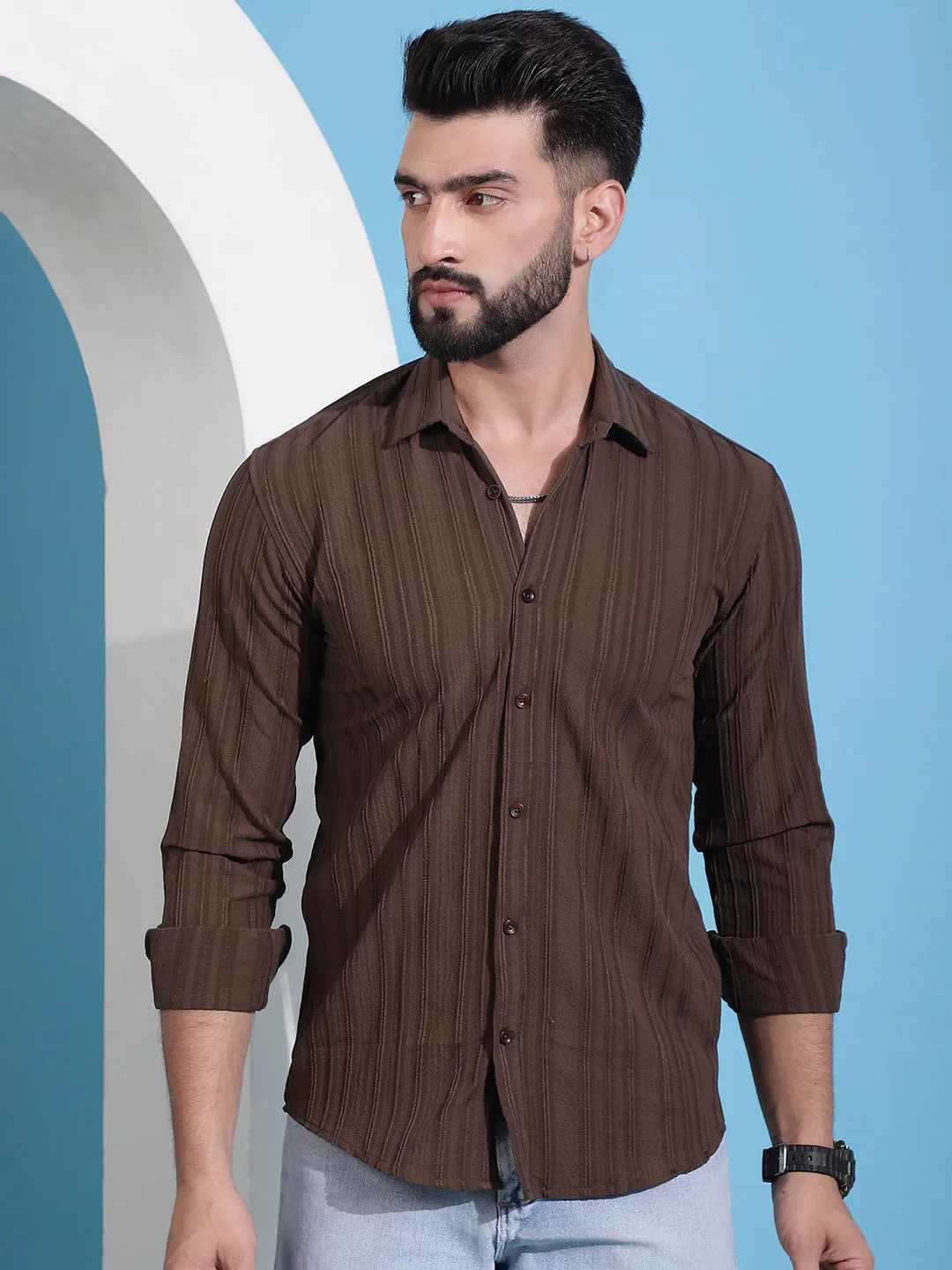 Brown Striped Casual Shirt For Mens.