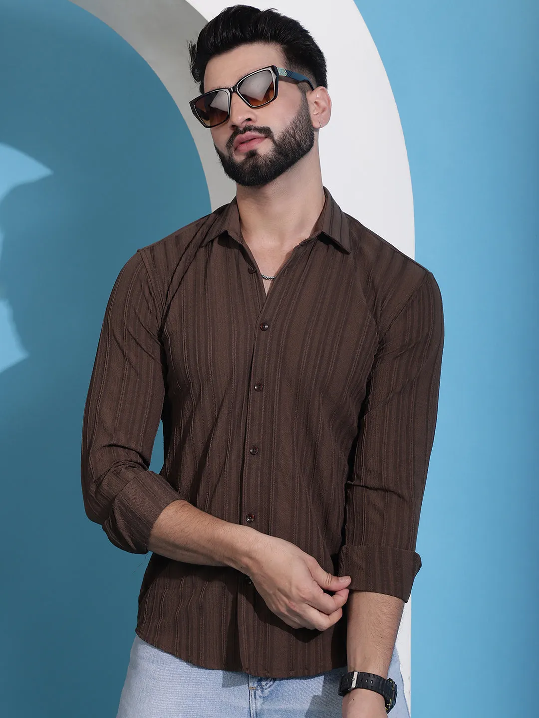 Brown Striped Casual Shirt For Mens.