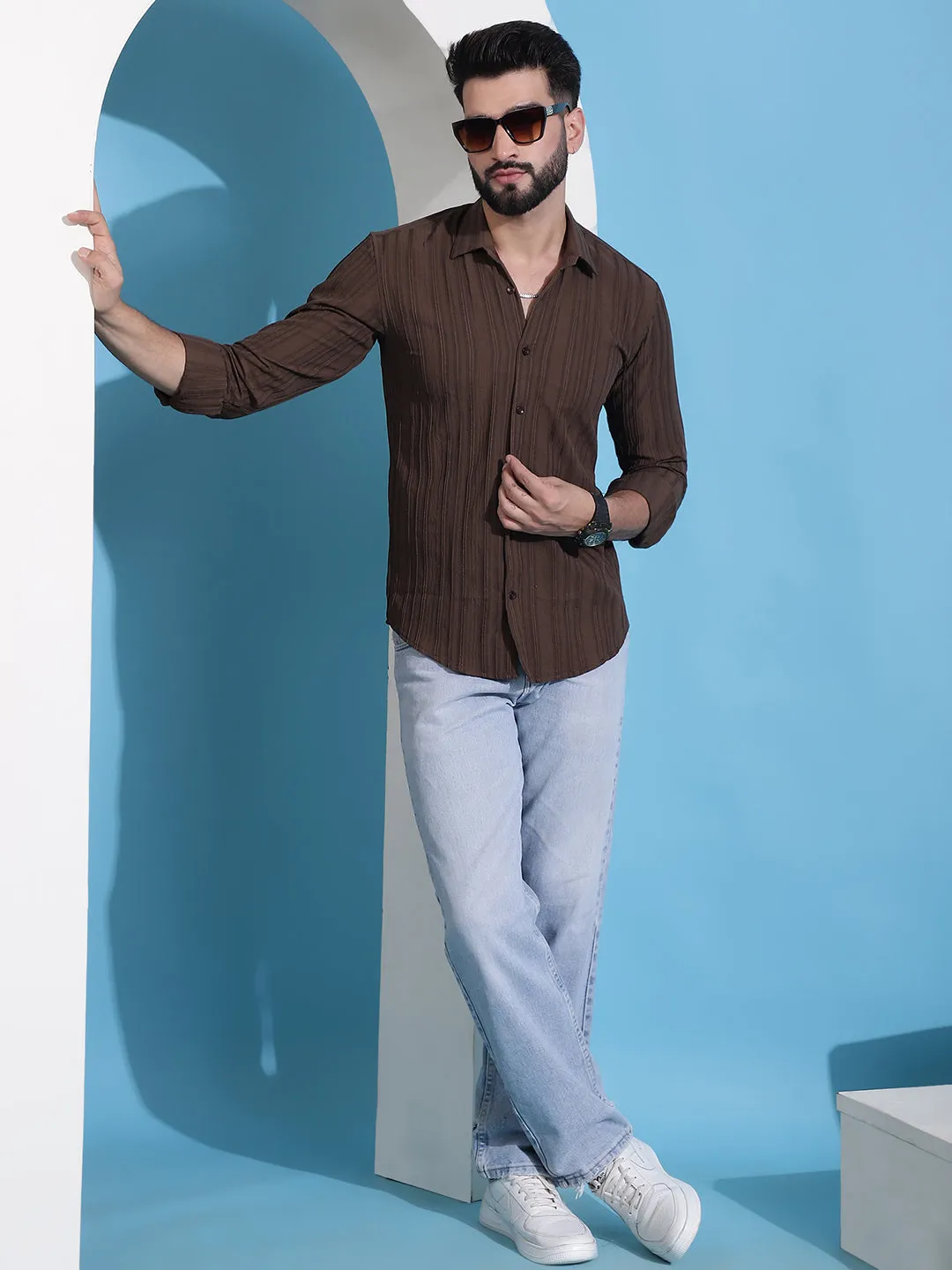 Brown Striped Casual Shirt For Mens.